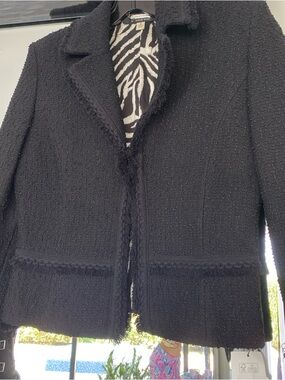 St John couture Classic Black Tweed Fringed Blazer with Zebra-Print Lining